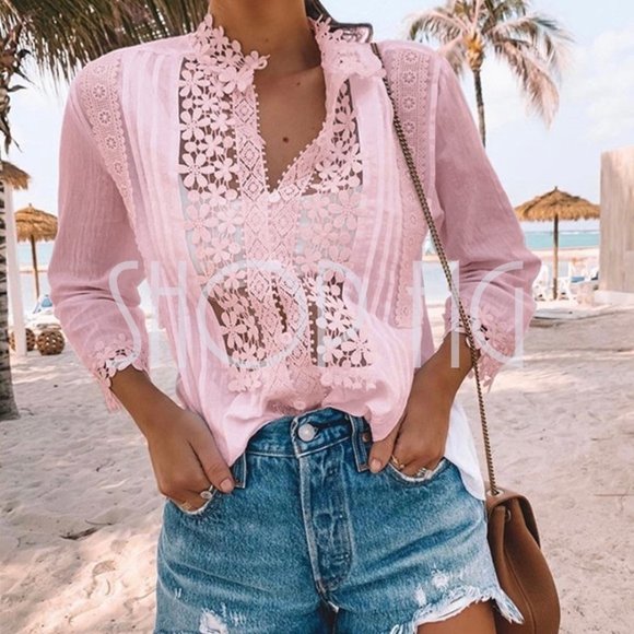New Pink Lace Button Front Blouse Top Feminine 3/4 Sleeve Shirt Top Western Boho - Picture 2 of 8
